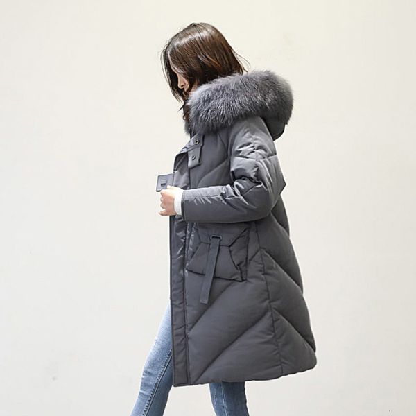 

duck 2020 white with leather hood natural fox, korean long coat, women's jacket down, 1777 grp9, Black