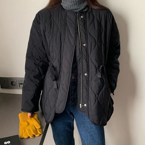 

downs winter solid women coat office lady o-neck thick warm loose casual jacket female outwear elegant, Black