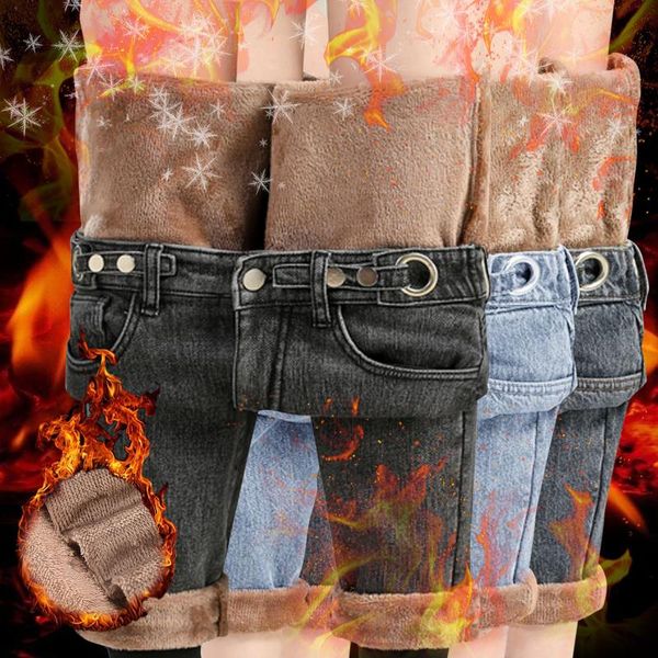 

women's jeans plush warm 2021 thickened elastic high waist loose harlan pants straight tube thin autumn and winter thickening #h, Blue