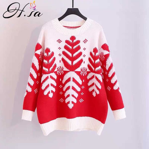 

h.sa winter snowflake sweaters christmas sweater long soft pull jumpers thick warm knit sweaters red snowwear 210716, White;black