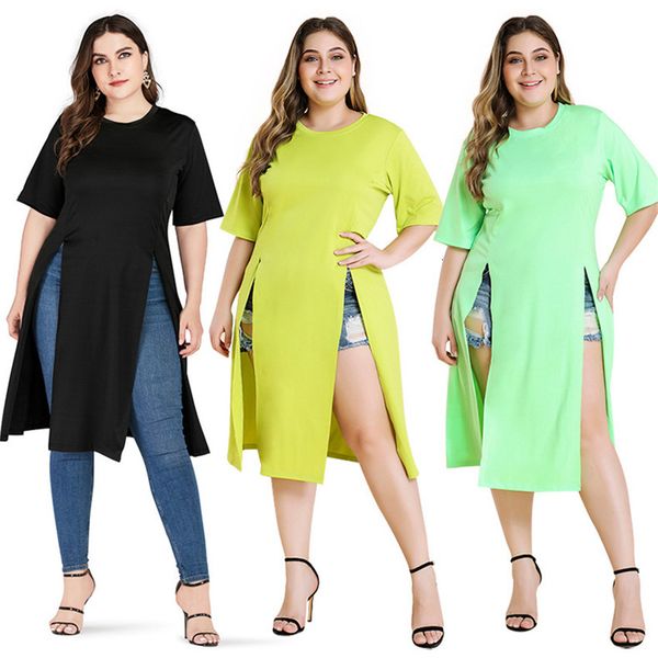 

pullover o neck dresses plus size short sleeve solid color womens dress casual split female clothing, Black;gray