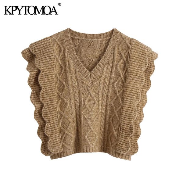 

women fashion ruffle trims armhole cable knitted vest sweater vintage v neck sleeveless female waistcoat chic 210416, White;black