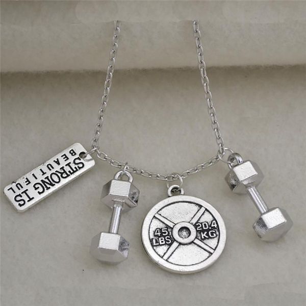 

pendant necklaces sporty style jewelry women men necklace strong is beautiful written link chain barbell zinc alloy drop, Silver