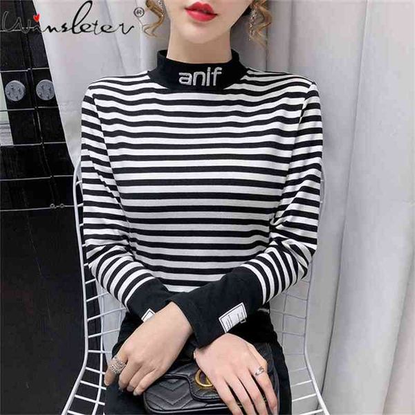 

spring fall korean style t-shirt fashion mock neck patchwork black white stripe women long sleeve cotton tees t11008a 210421