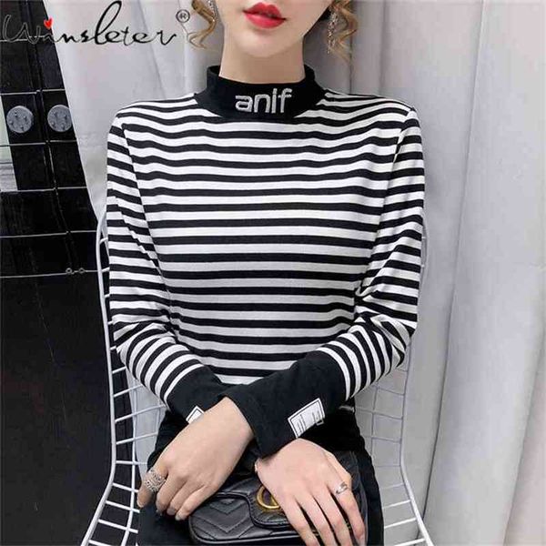 Frühling Herbst Koreanischer Stil T-Shirt Mode Mock Neck Patchwork Schwarz Weiß Streifen Frauen Tops Langarm Baumwolle T-Shirts T11008A 210421