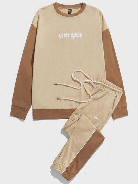 

men letter graphic colorblock sweatshirt & sweatpants set 69ad#, Gray