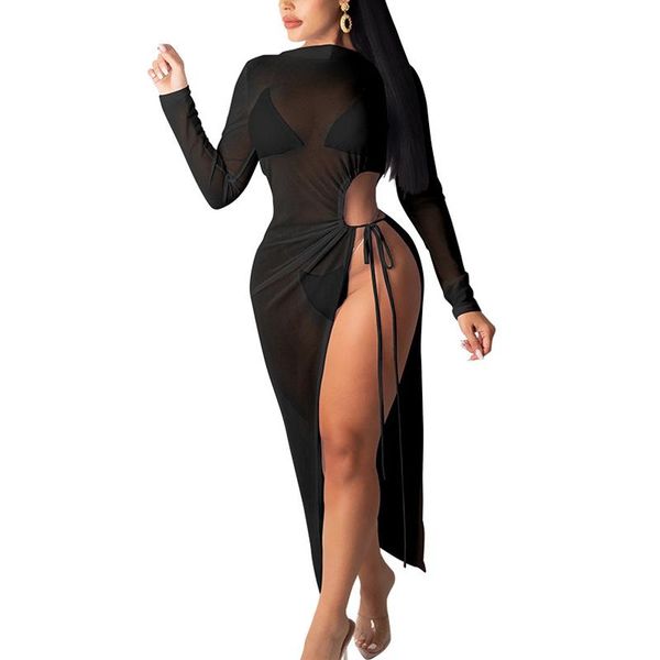 

women long sleeve see through mesh dress high slit hollow out party club casual dresses, Black;gray