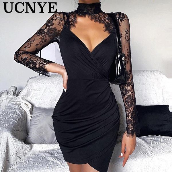 

casual dresses ucnye black mesh lace club wear party dress women clothes 2021 package hip long sleeve bodycon mini o neck fashion, Black;gray