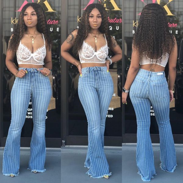 

women's jeans fashion striped bleached wide leg denim korean high waist pants slim full length trousers blue plus size 04qo