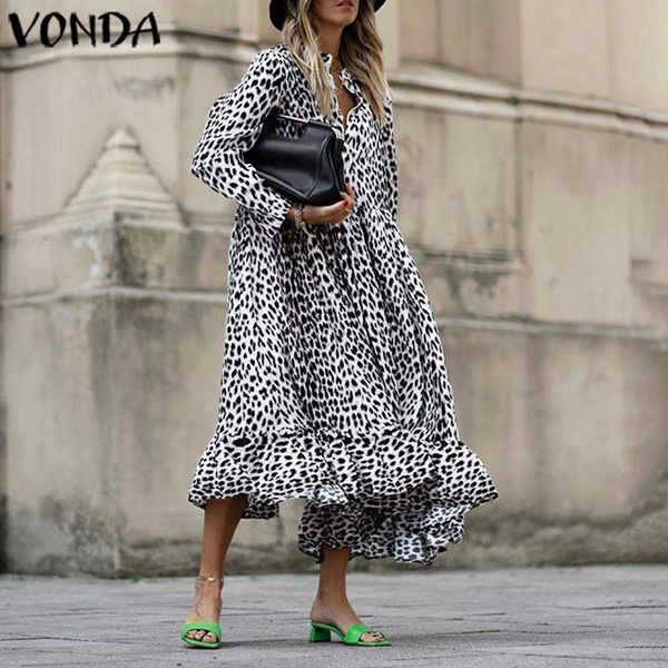 

vonda maternity dress 2021 autumn vintage long sleeve swing leopard partylong dress casual loose vestidos pregnancy sundress, White