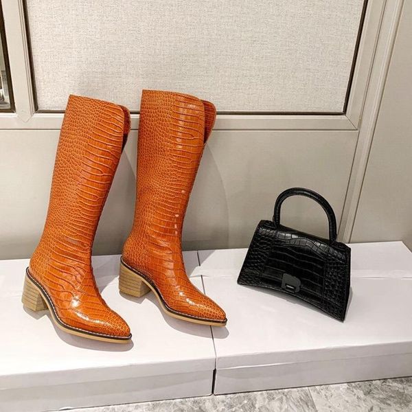 

boots fashion designer boot pointed toes high heels real leather women shoes autumn winter runways long good quality orange, Black