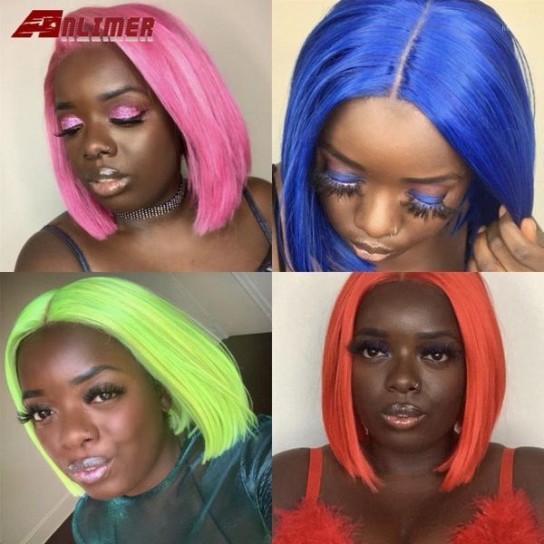 

pink bob lace front wigs human hair 13x4 pre plucked 613 blonde blue red grey green colorful short for black women remy1, Black;brown