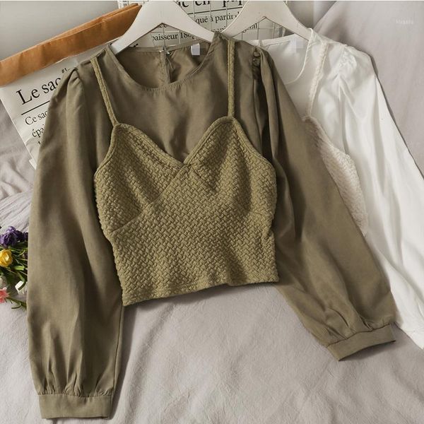 

women's blouses & shirts autumn women shirt fake two-piece long puff sleeves vintage patchwork slim fit o-neck crop ladies versatile ca, White