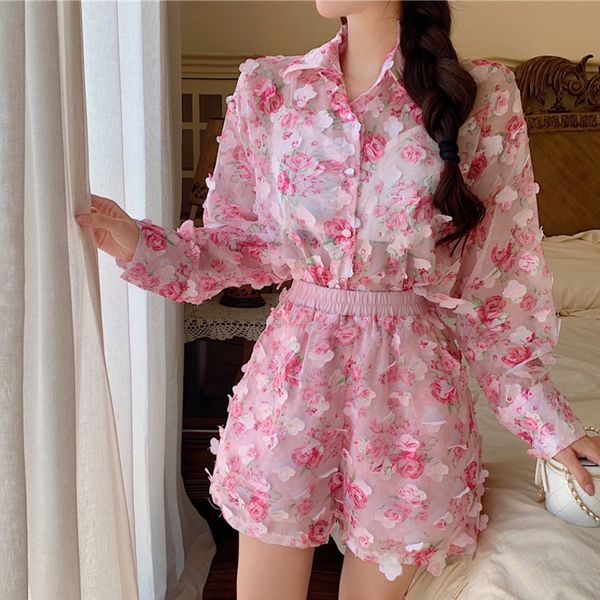 

women's jumpsuits & rompers sweet chiffon flower fairy two piece set women long sleeve shirt blouse + wide leg shorts sets fas, Black;white