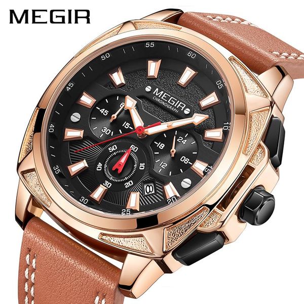 

wristwatches megir mens watches brand sports watch man luminous waterproof leather band military quartz clock men relogio masculino, Slivery;brown