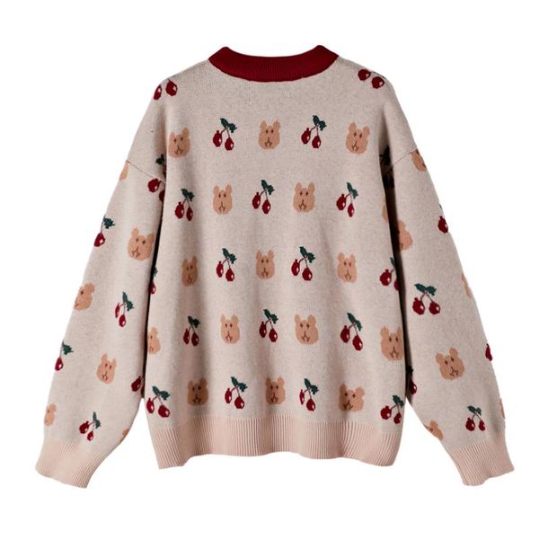 

lauri laki retro bear print knit pullover sweater women oversize beige loose long sleeve o-neck autumn winter 2021 women's sweaters, White;black