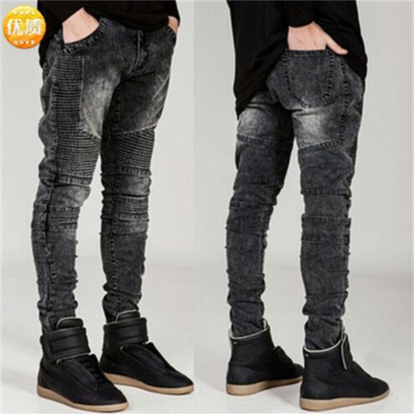 

new three dimensional cutting slim elastic leggings motorcycle jeans men's pants, Blue