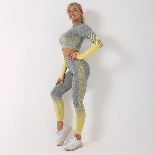 

seamless yoga suit spring and autumn stripe knitted elastic fitness oversize, Gray
