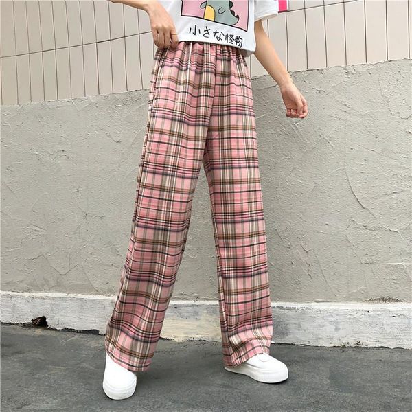 

women's pants & capris wide leg women fashion plaid loose high waist trousers femal sweatpant pockets summer retro streetwear, Black;white