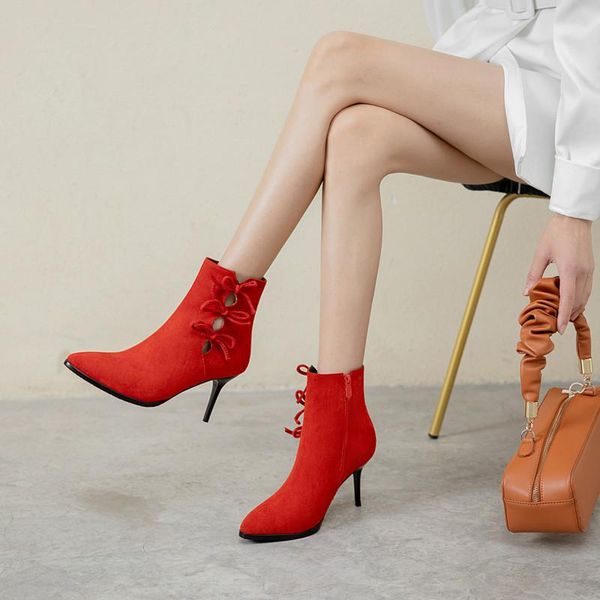 

boots yqbtdl 2021 arrival cute fashion bowtie thin high heels womens red black flock autumn stiletto ankle party shoes