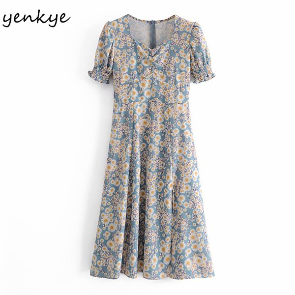 Elegante Frauen Vintage Floral Print Kleid Weibliche Puff Hülse A-line Midi Kleidung Sexy Saum Schlitze Sommer Vestido 210430