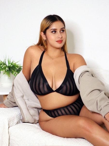 

plus striped contrast mesh lingerie set x8t0#, Black;white
