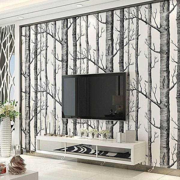 Duvar Kağıtları Dokunmamış Beyaz Huş Ağacı Duvar Kağıdı Rulo 3D Su Geçirmez Modern Basitlik Nordic Stil Orman WoodwallPapers Yatak Odası Oturma Odası