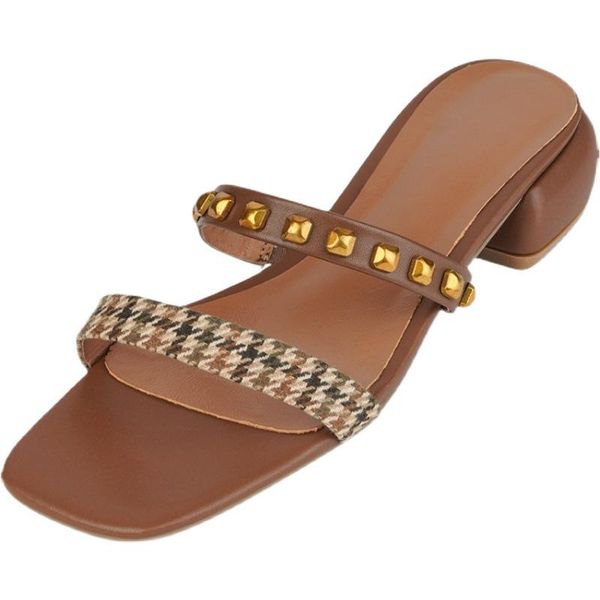

sandals rivet brown thick heel retro square toe platform slippers open shoes summer fashion sandalias de las mujeres, Black