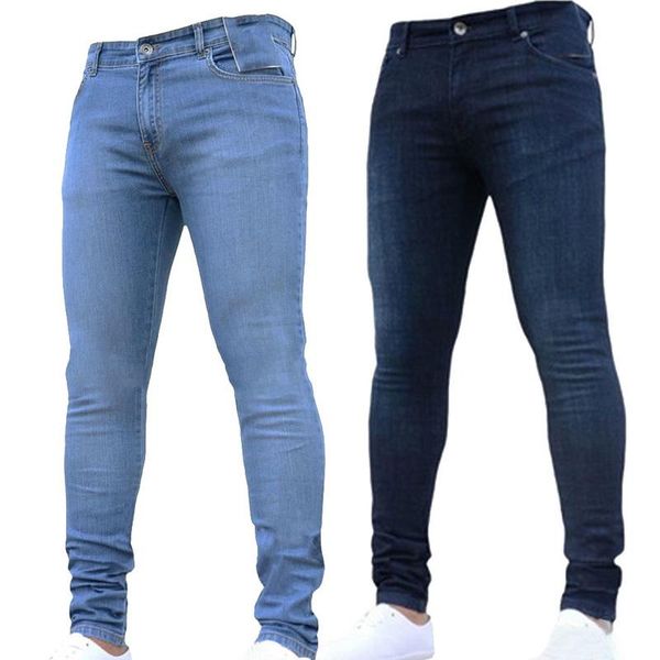 

men's jeans 2021 hole denim black mens business skinny ripped biker pants casual stretch pencil trousers, Blue