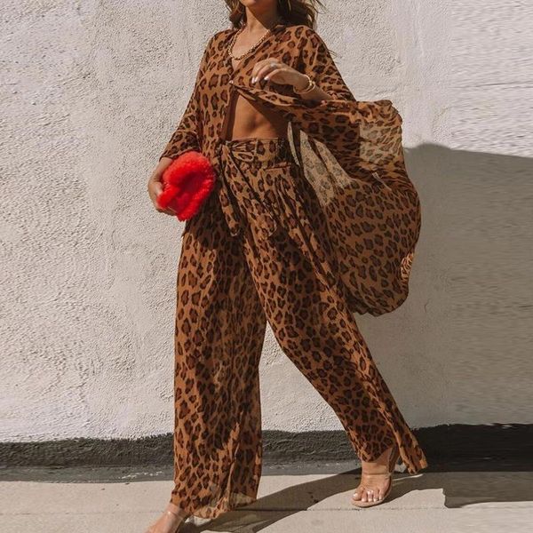 

autumn women two piece set elegant leopard print button shirt and wide leg pants suits 2021 fashion long sleeve 2 outfits women's, White
