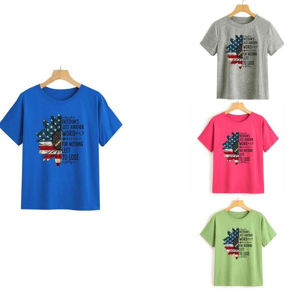 

women short sleeve o-neck t-shirt om just another word letters sunflower american flag print patriotic pullover women's, White