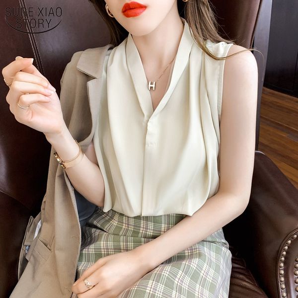 

summer sleeveless v-neck camisole women's shirt chiffon solid color and blouse korean female vest 14500 210508, White