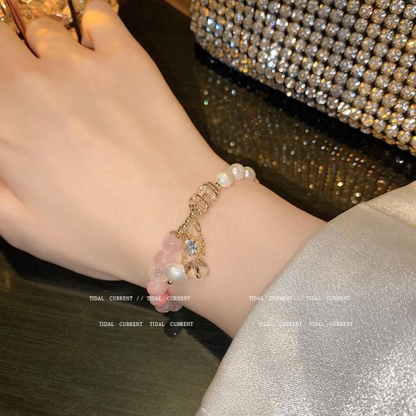 

charm bracelets 2021 fashion simple freshwater pearl trend retro pink crystal beaded elastic bracelet for women girl sweet jewelry, Golden;silver