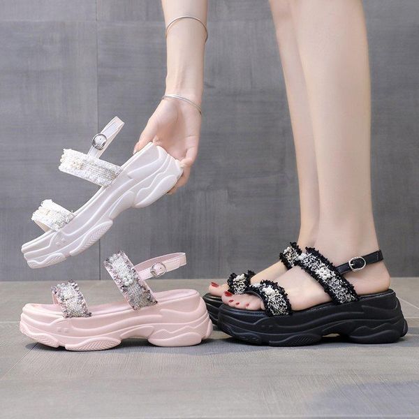 

brand design platform sandals women pearls chunky high heels sandalias summer 2021 back strap gladiator shoes woman, Black