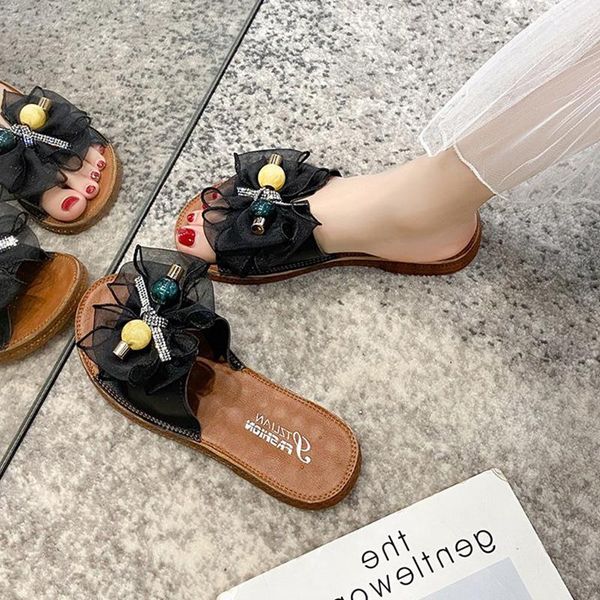 

female shoes slippers flat low loafers luxury slides butterfly-knot 2021 designer fashion pu rubber basic sweet, Black