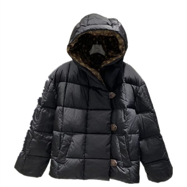 

autumn winter new women chessboard grid hooded down cotton jacket three color trend fashionable and versatile, Black