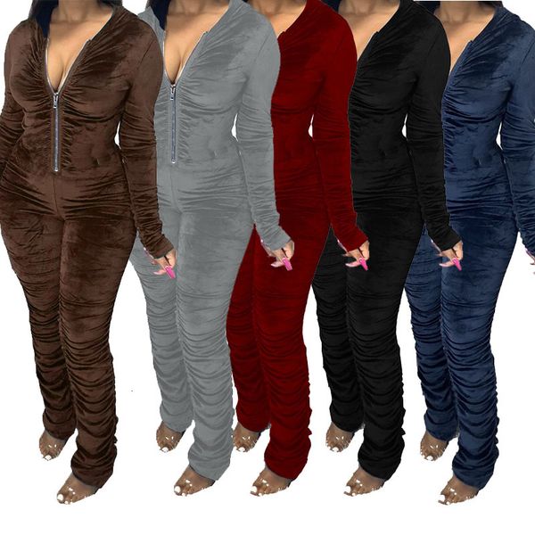 

solid color zipper stacked sweartpants women jumpsuits round neck long sleeve jogger slim rompers autumn winter casual clothes 4f6j, Gray