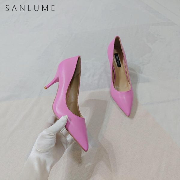 

dress shoes sanlume pink heels pumps women high heel genuine leather sheepskin sweet slip on pointed toe ladies stiletto, Black