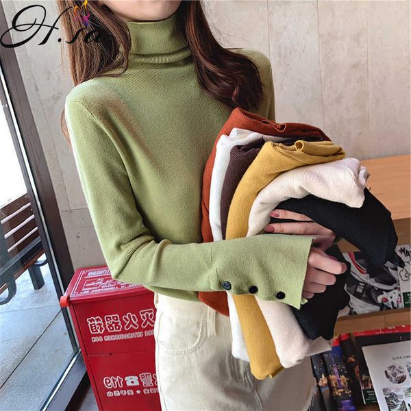 

hsa autumn and winter turtleneck pullover women's korean-style solid color cuff button long sleeve slim bottoming sweater 210716, White;black