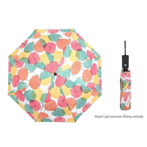 

umbrellas small fresh automatic black plastic umbrella uv print leaves rose folding maple creative sunny