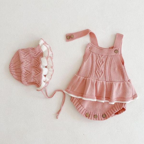 

spring baby girl knitted clothes newborn baby girl bodysuit set sleeveless strap jumpsuit with girls knitted hat 210413, White