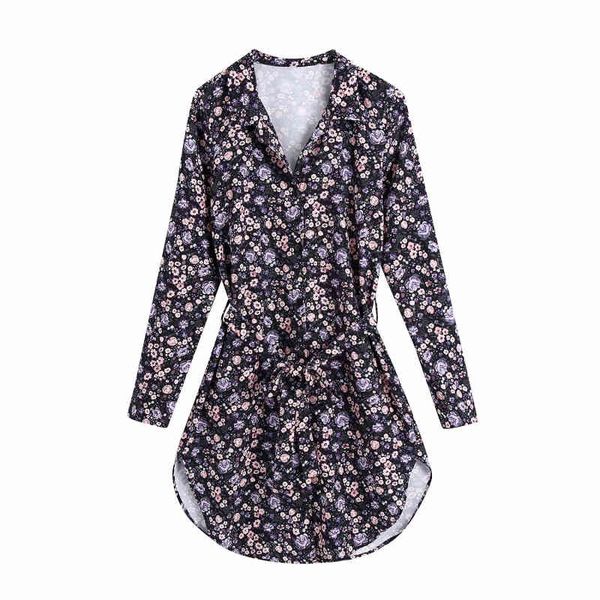 

vintage woman purple printed v neck sashes shirt dress spring elegant ladies soft a-line es female chic pleated 210515, Black;gray