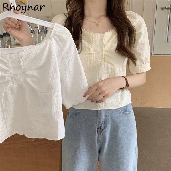 

women's blouses & shirts women summer french style sweet solid simple all-match streetwear comfortable leisure soft girl cropped fashi, White