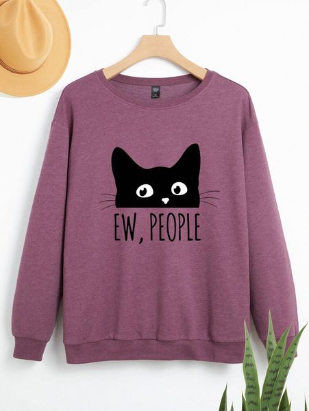 

plus letter & cat print sweatshirt f8f5#, Black