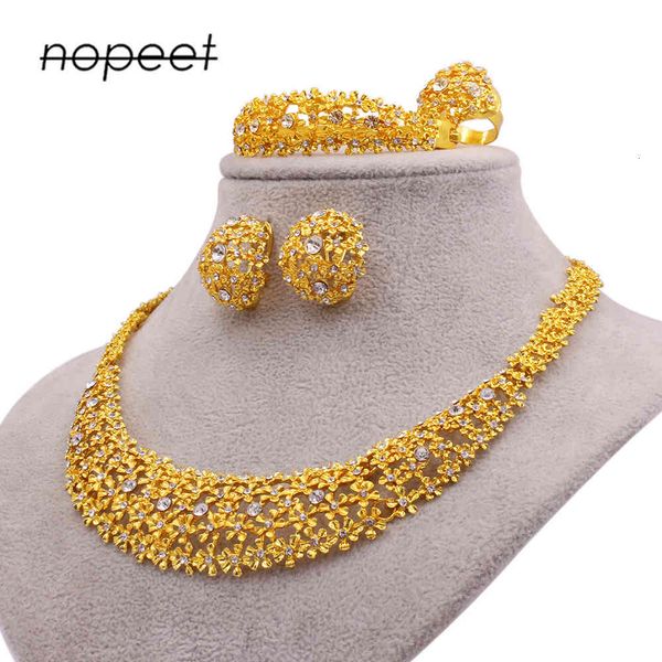 

jewelry set dubai 24k gold jewelry nigerian bride wedding necklace ring earring bracelet four piece a0909, Slivery;golden