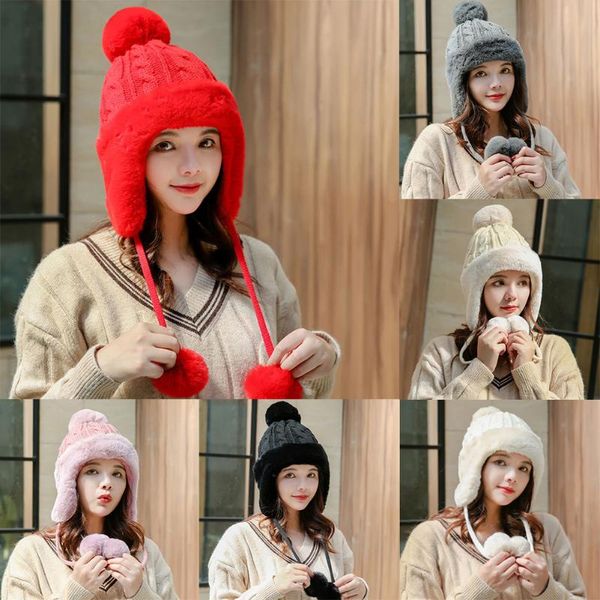 

fashion accessories winter warm earflap beanie knitted skull cap with pompom hat outdoor hats, Black;white