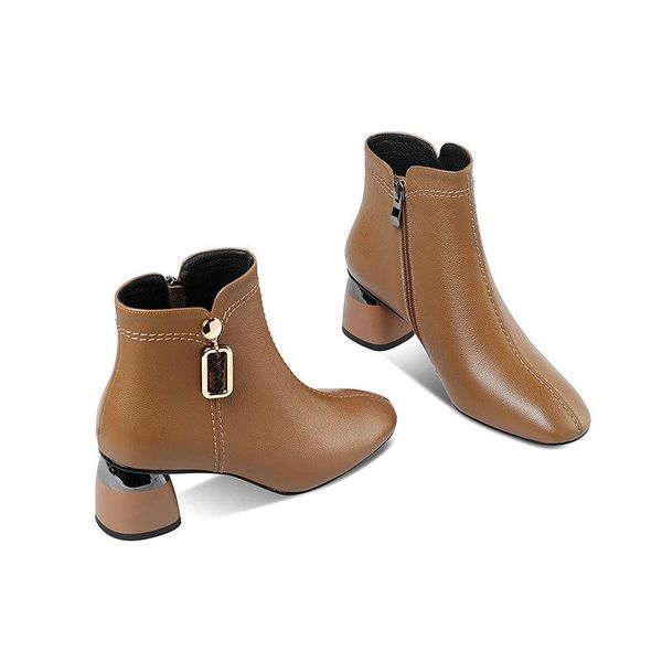 

women's split leather boots, autumn / winter shoes, square toe, high heels, metal buckle, black and brown boots