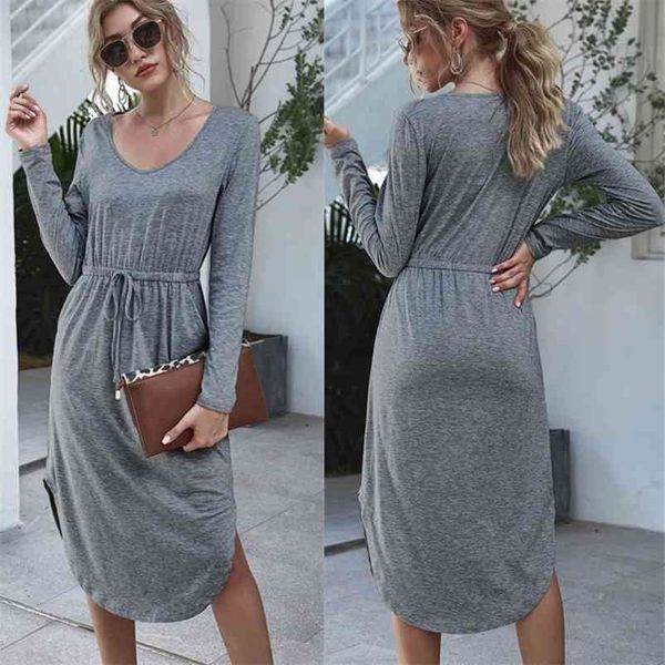 

women solid casual autumn winter gray black midi dress v neck long sleeve pocket lace up split lady es vestido 210520, Black;gray