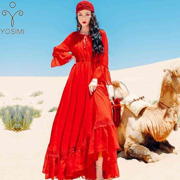 Yosimi Yaz Elbise Maxi Zarif Kırmızı Şifon Uzun Kadın Parti O-Boyun Kelebek Kollu Kadın Vestidos De Fiesta 210604