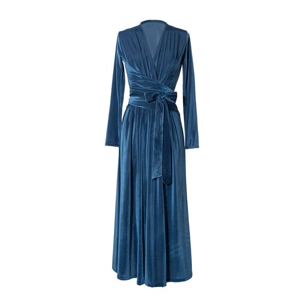 Abito da donna elegante blu navy nero con scollo a V in velluto a maniche lunghe al ginocchio Wrap Sash D1502 210514